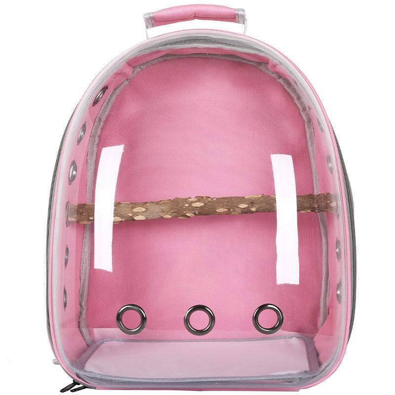 Transparent breathable bird backpack carrier for parrots and cockatiels.