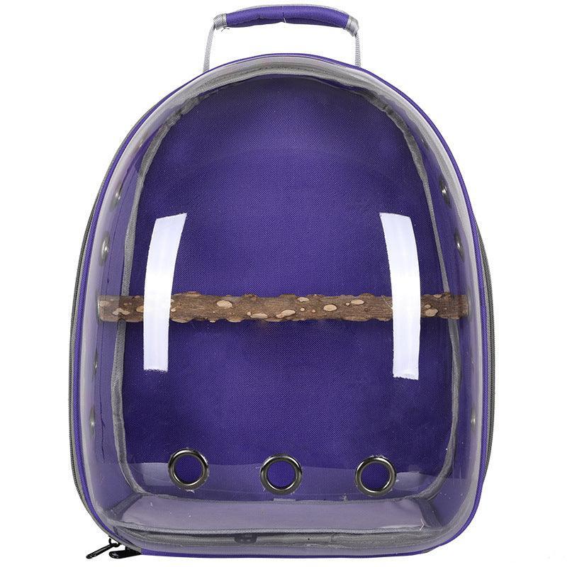 Transparent breathable bird backpack carrier for parrots and cockatiels.