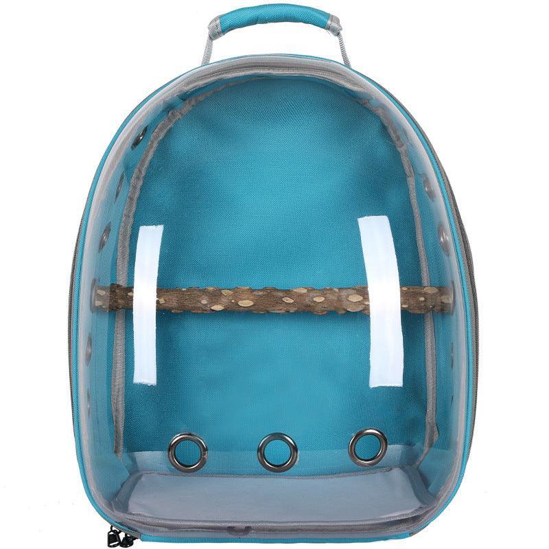 Transparent breathable bird backpack carrier for parrots and cockatiels.