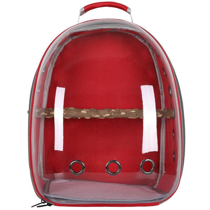 Transparent breathable bird backpack carrier for parrots and cockatiels.