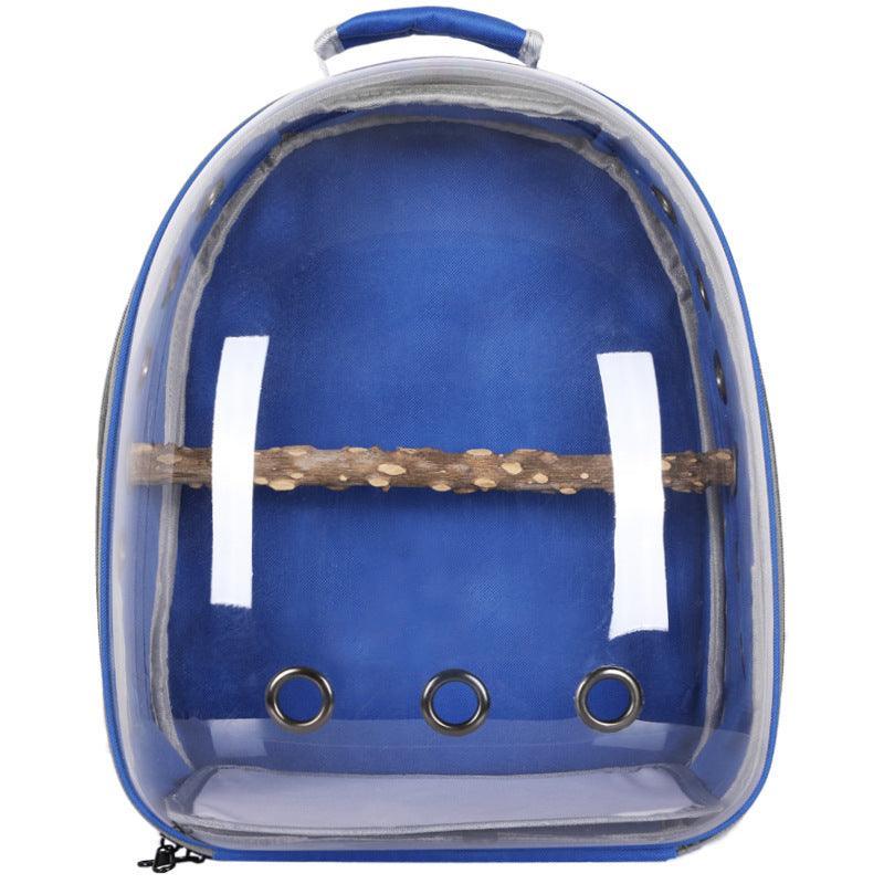 Transparent breathable bird backpack carrier for parrots and cockatiels.