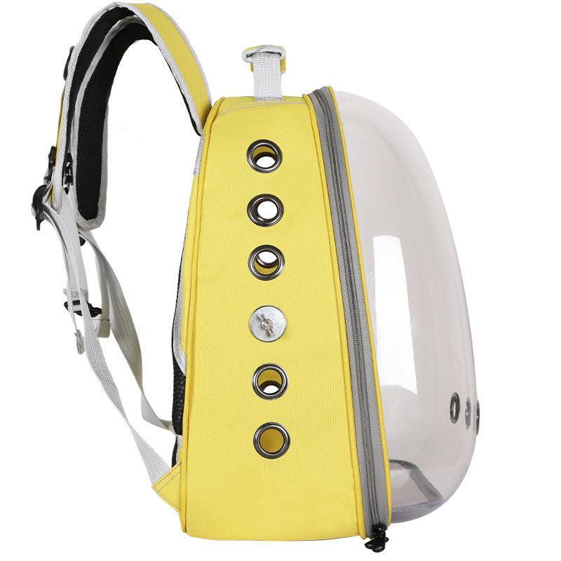 Transparent breathable bird backpack carrier for parrots and cockatiels.