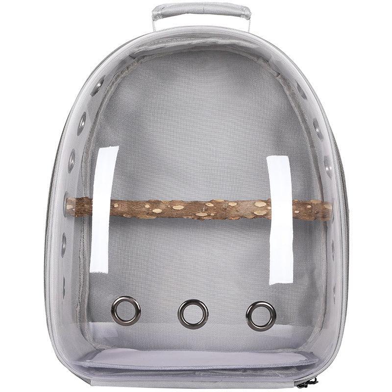 Transparent breathable bird backpack carrier for parrots and cockatiels.