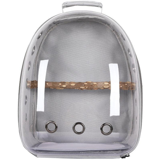 Transparent breathable bird backpack carrier for parrots and cockatiels.