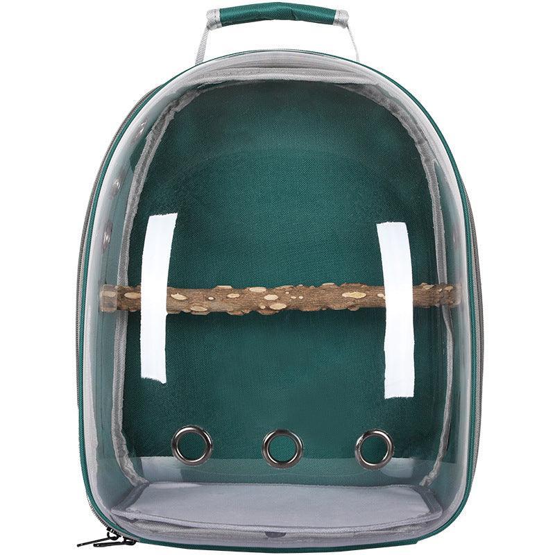 Transparent breathable bird backpack carrier for parrots and cockatiels.