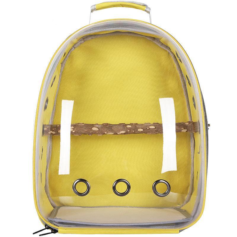 Transparent breathable bird backpack carrier for parrots and cockatiels.