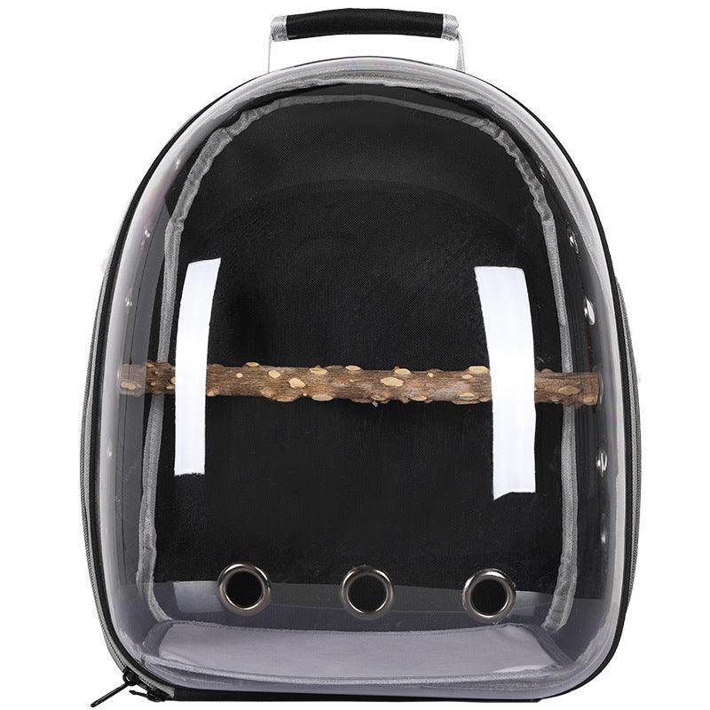 Transparent breathable bird backpack carrier for parrots and cockatiels.